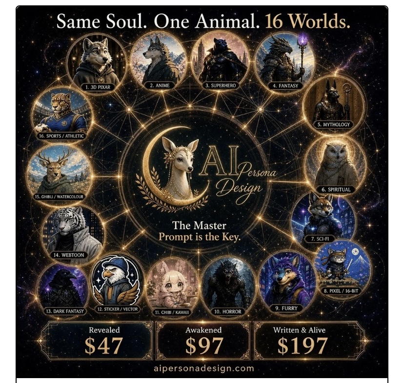 Same Soul. One Animal. 16 Worlds. — AI Persona Design